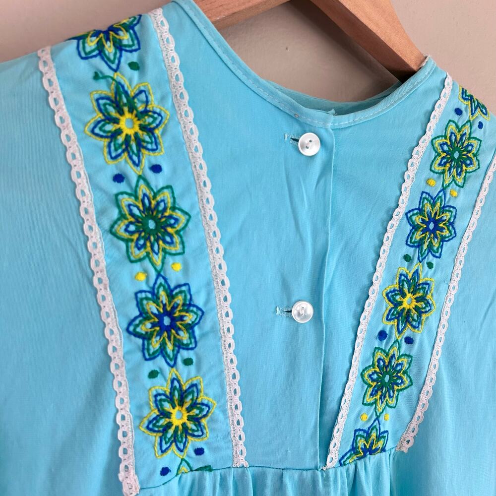 Vintage 1960s Aqua Blue Embroidered Sears Nightgown Boho Dress Size Small